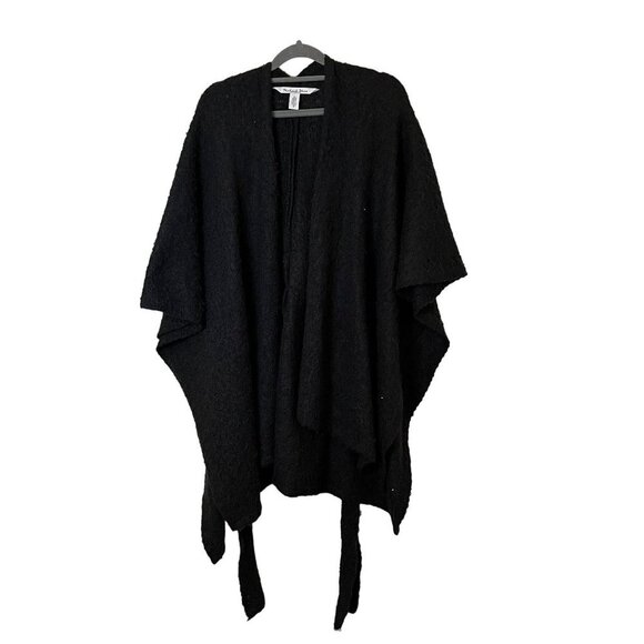 Michael Stars Tie Waist Poncho Fuzzy‎ Black Shawl Cozy Warm One Size - Picture 6 of 8